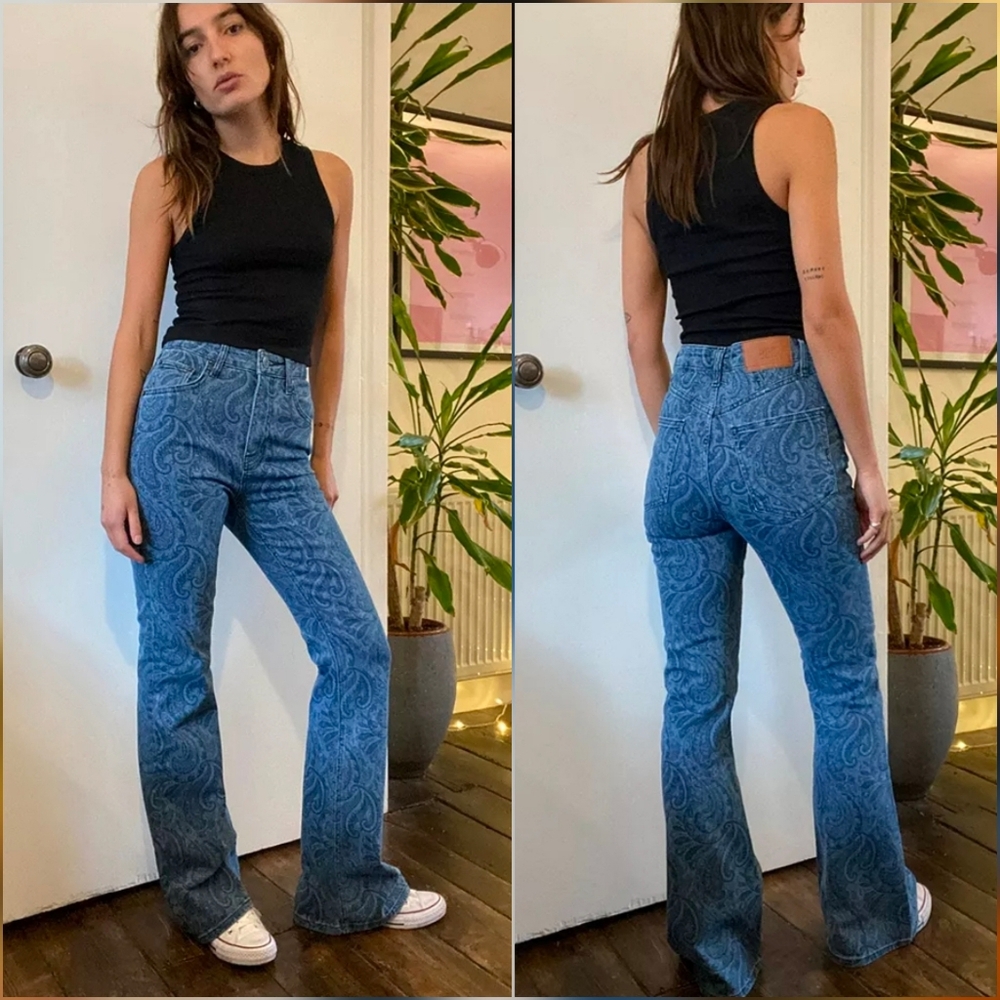 BDG Urban Outfitters Blue Paisley Print High Waist Flare Denim 70s Style Jeans